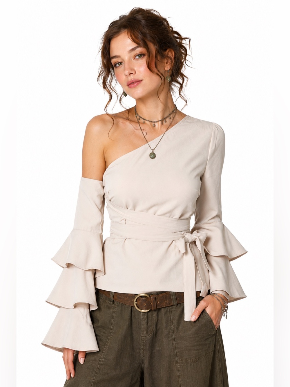 Fairycore Ruffled Tiered Bell Sleeve One Shoulder Blouse Feminine Y2K Coquette